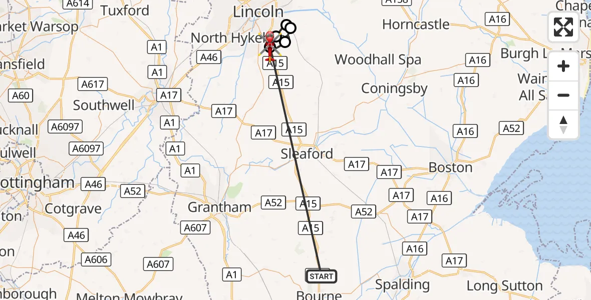 Flight route Air Ambulance Helicopter Morton - North Kesteven, 16 October 2026, 15:42