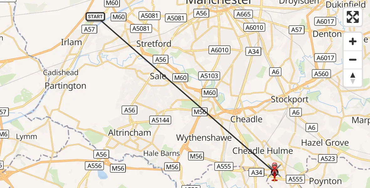 Flight route Air Ambulance Helicopter Manchester Barton Aerodrome - Cheadle Hulme, 16 October 2026, 15:54