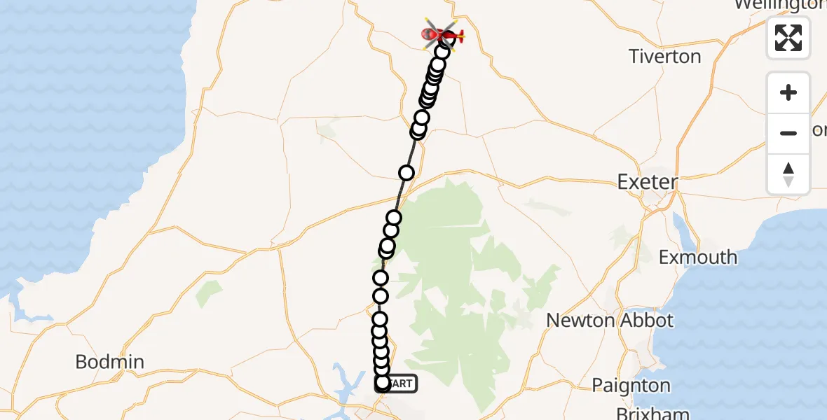 Flight route Air Ambulance Helicopter Bickleigh - Burrington, 16 October 2026, 15:59