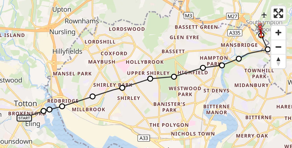 Flight route Air Ambulance Helicopter Eling - Southampton Airport, 16 October 2026, 16:01