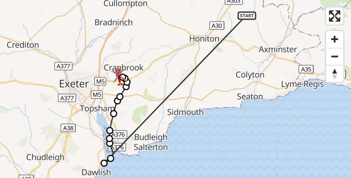 Flight route Air Ambulance Helicopter Stockland - Exeter International Airport, 16 October 2026, 16:01