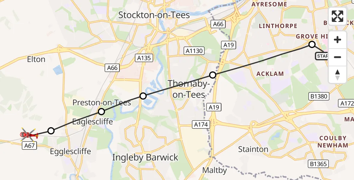 Flight route Air Ambulance Helicopter James Cook University Hospital - Egglescliffe, 16 October 2026, 16:04