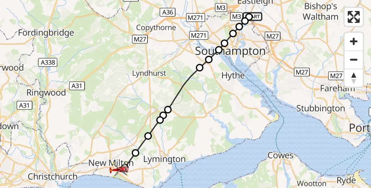 Flight route Air Ambulance Helicopter Southampton Airport - New Milton, 16 October 2026, 16:16