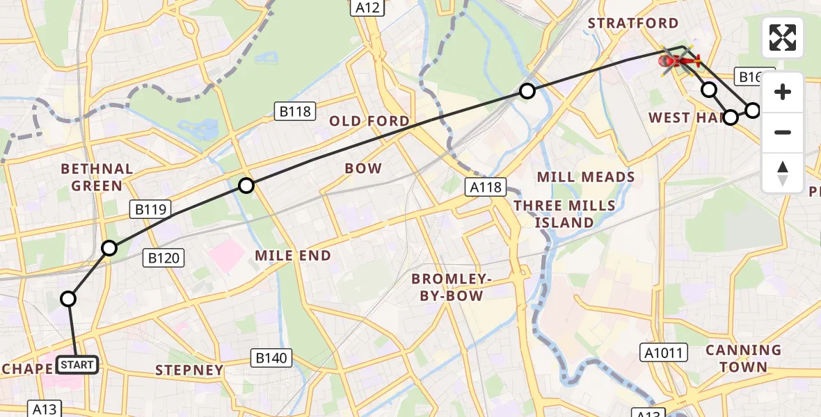 Flight route Air Ambulance Helicopter Royal London Hospital - Stratford, 16 October 2026, 16:17