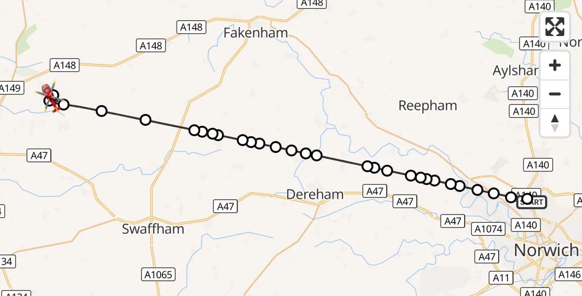 Flight route Air Ambulance Helicopter Norwich Airport - Grimston, 16 October 2026, 16:18