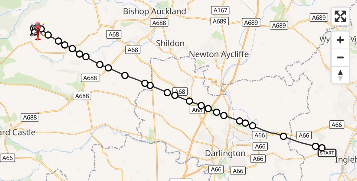 Flight route Air Ambulance Helicopter Egglescliffe - Hamsterley, 16 October 2026, 16:21