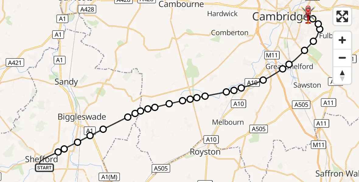 Flight route Air Ambulance Helicopter Shefford - Cambridge City Airport, 16 October 2026, 16:38