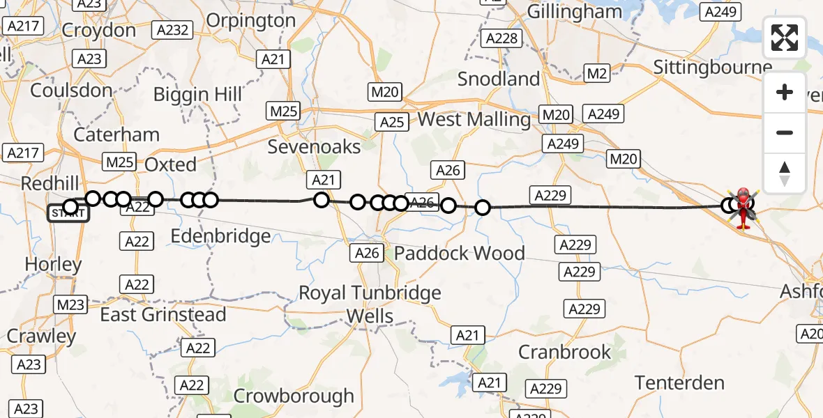 Flight route Air Ambulance Helicopter Redhill Aerodrome - Ashford, 16 October 2026, 16:40