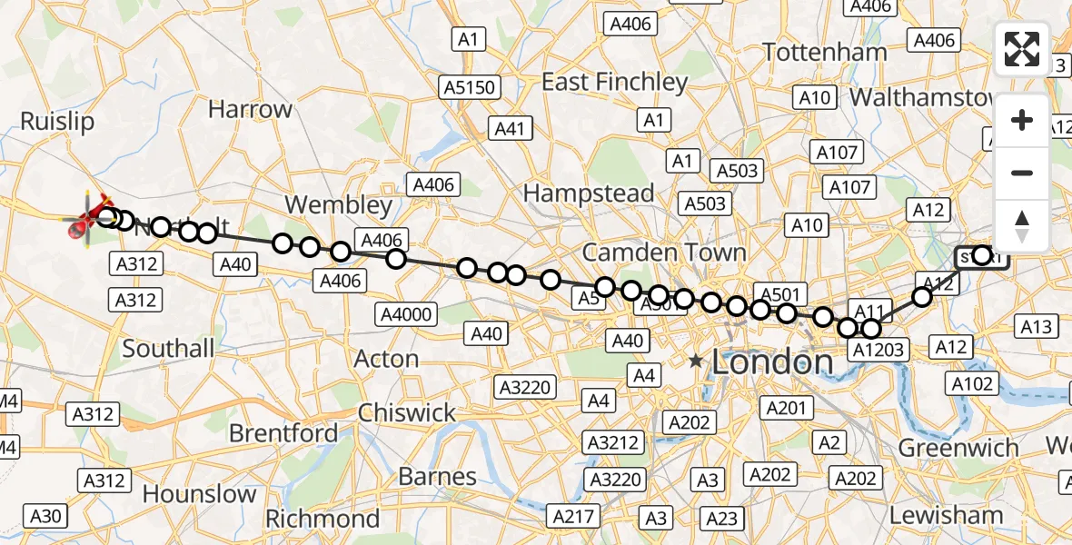Flight route Air Ambulance Helicopter Stratford - RAF Northolt, 16 October 2026, 16:58