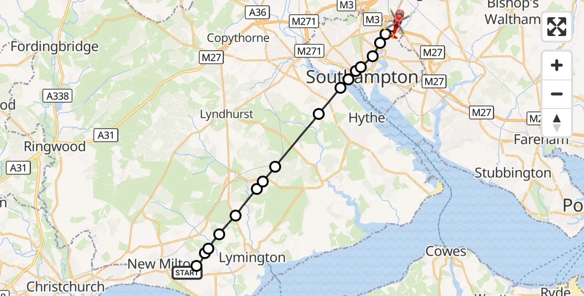 Flight route Air Ambulance Helicopter New Milton - Southampton Airport, 16 October 2026, 17:12