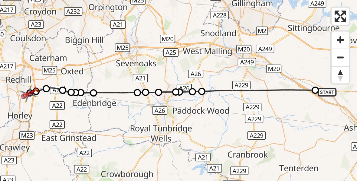 Flight route Air Ambulance Helicopter Ashford - Redhill Aerodrome, 16 October 2026, 17:16