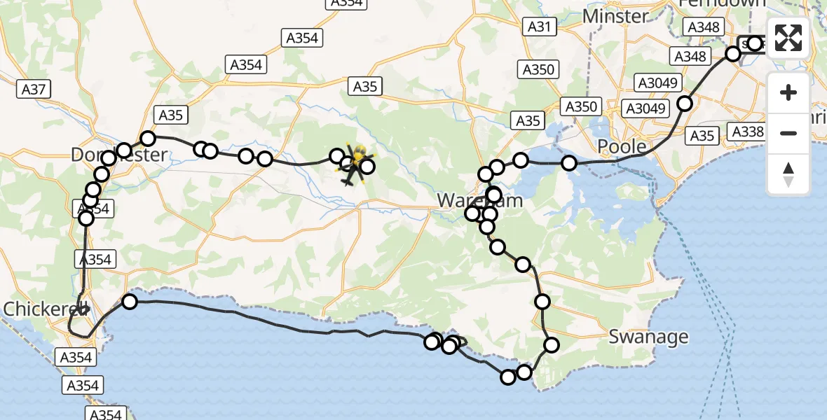 Flight route Police Helicopter Bournemouth Airport - East Stoke, 16 October 2026, 17:17