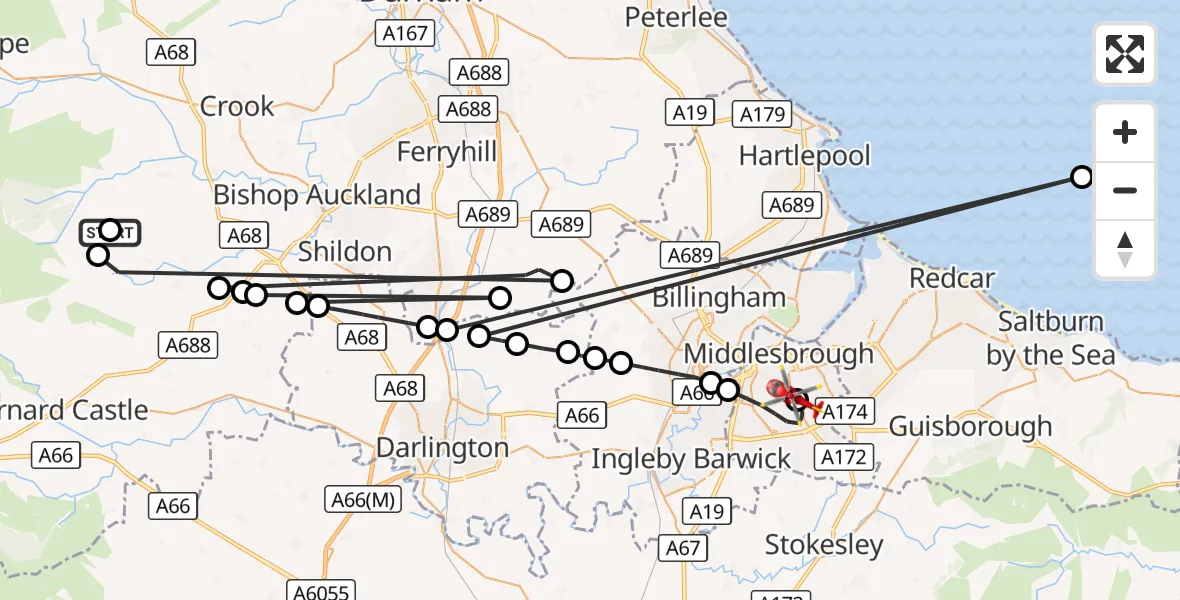 Flight route Air Ambulance Helicopter Lynesack and Softley - James Cook University Hospital, 16 October 2026, 17:28