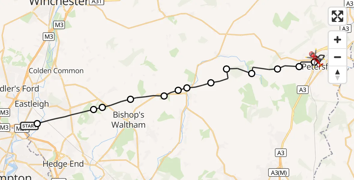 Flight route Air Ambulance Helicopter Southampton Airport - Petersfield, 16 October 2026, 17:33
