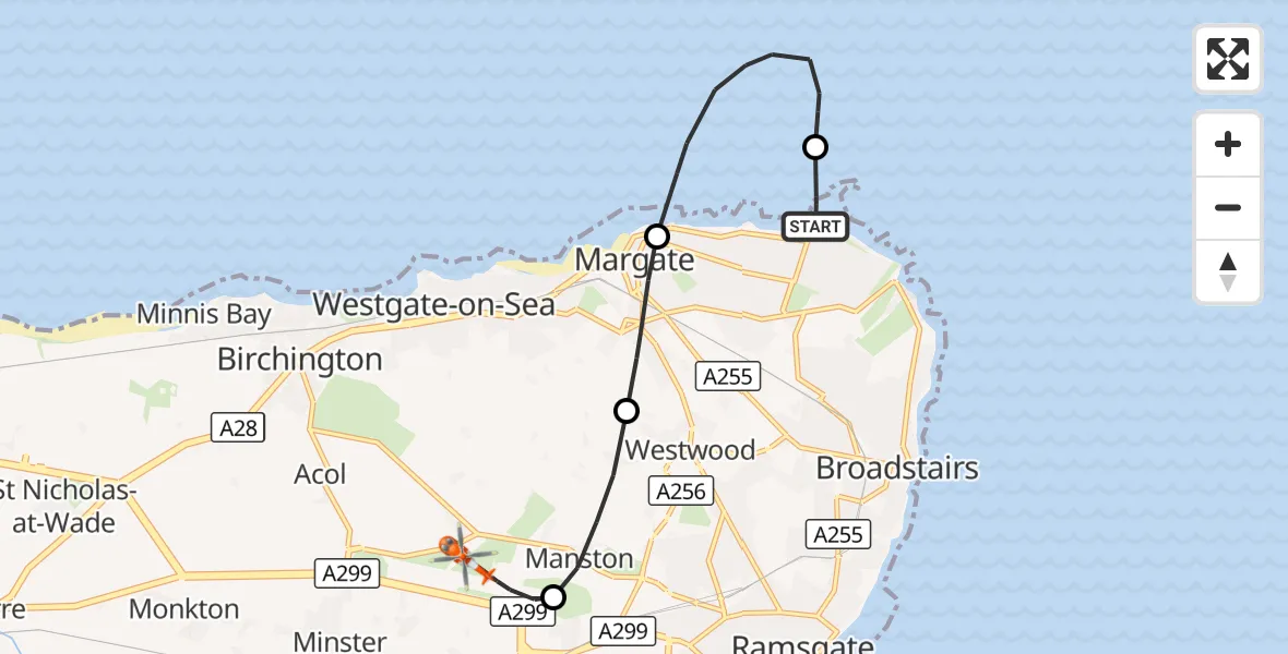Flight route Coastguard Helicopter Margate - Manston Airport, 16 October 2026, 17:39