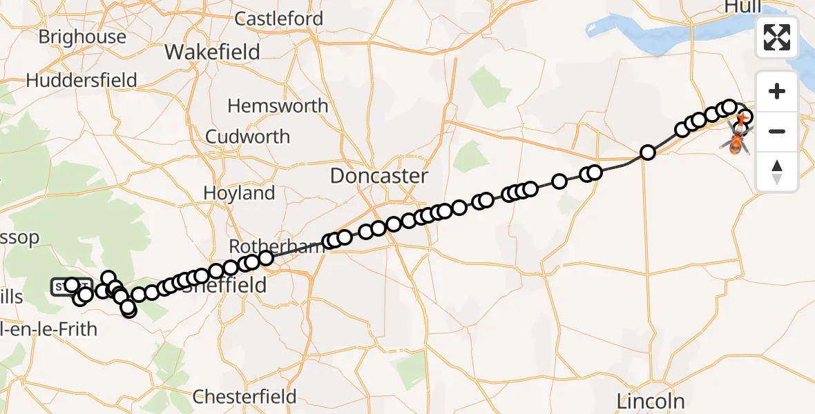 Flight route Coastguard Helicopter High Peak - Humberside Airport, 16 October 2026, 17:41