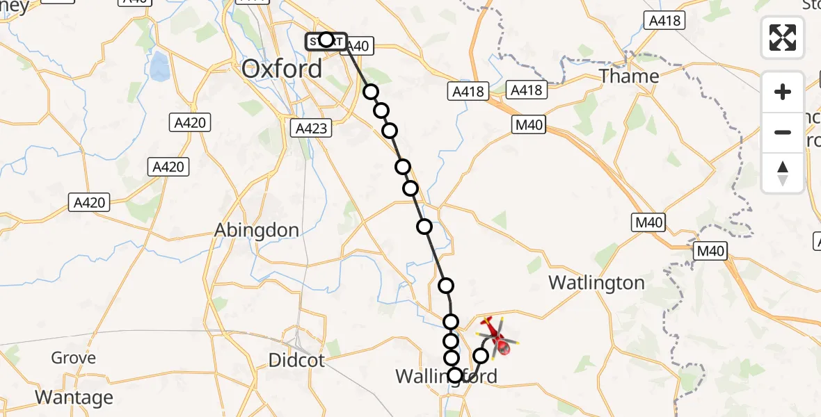 Flight route Air Ambulance Helicopter John Radcliffe Hospital - RAF Benson, 16 October 2026, 17:43