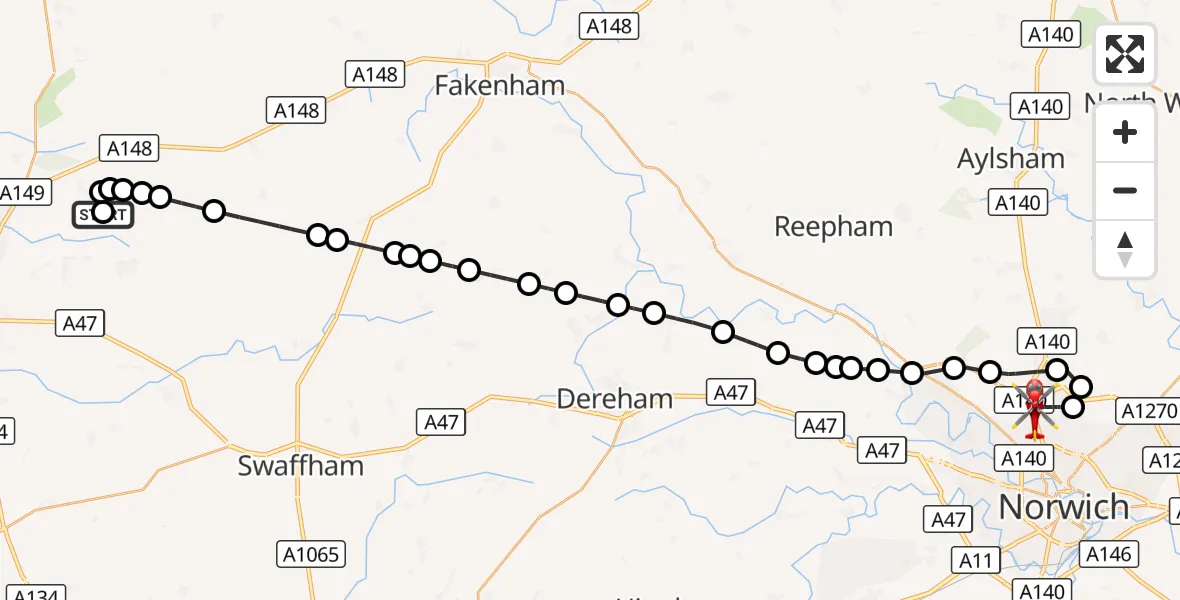 Flight route Air Ambulance Helicopter Grimston - Norwich Airport, 16 October 2026, 17:48
