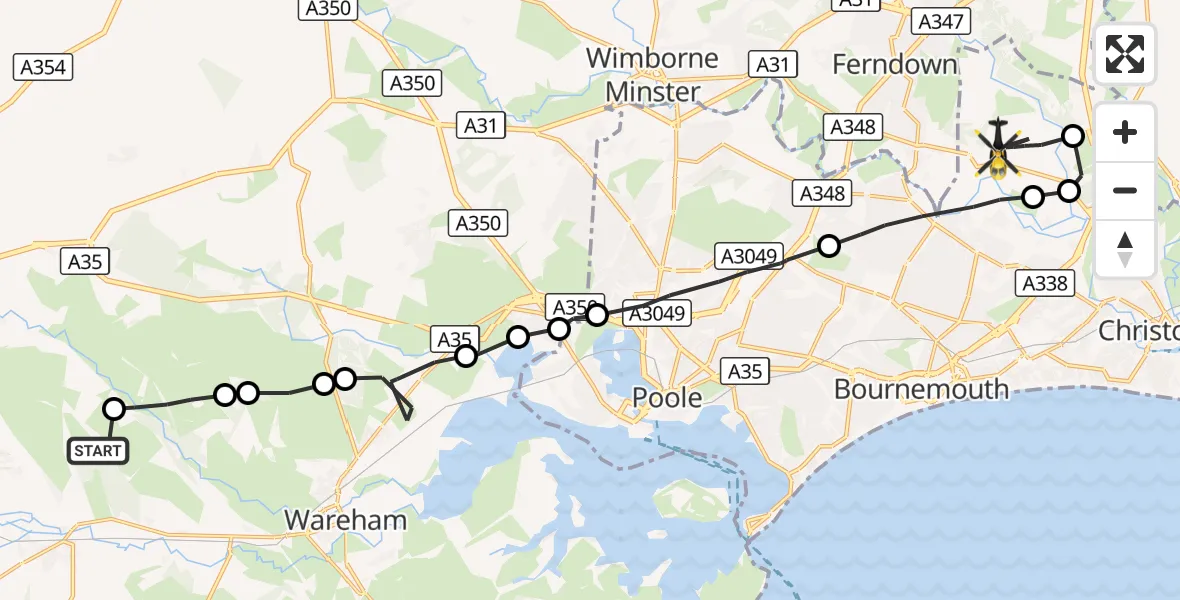 Flight route Police Helicopter East Stoke - Bournemouth Airport, 16 October 2026, 18:00