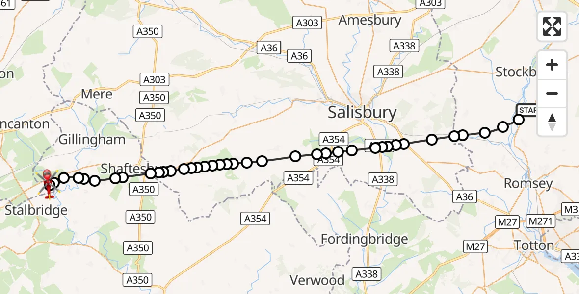 Flight route Air Ambulance Helicopter King's Somborne - Henstridge Airfield, 16 October 2026, 18:03