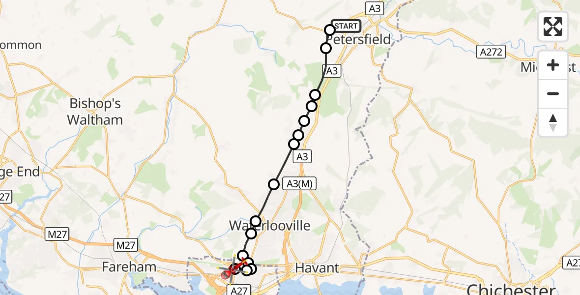 Flight route Air Ambulance Helicopter Petersfield - Queen Alexandra Hospital, 16 October 2026, 18:12