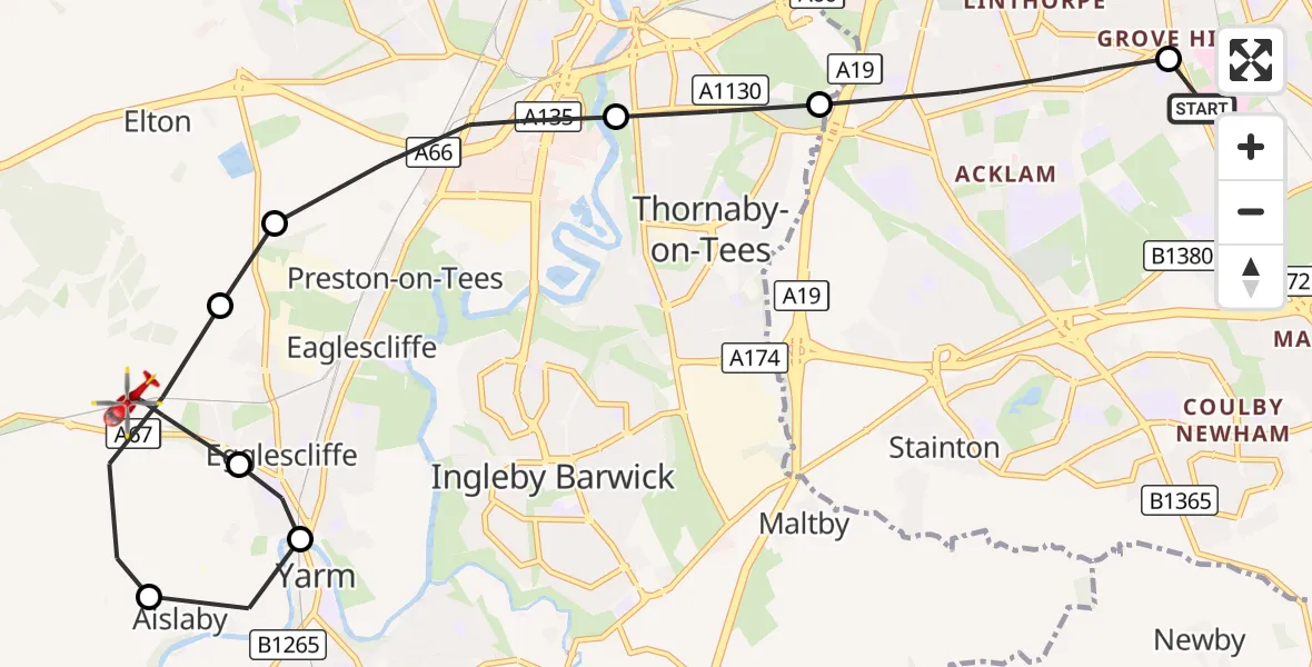 Flight route Air Ambulance Helicopter James Cook University Hospital - Egglescliffe, 16 October 2026, 18:29