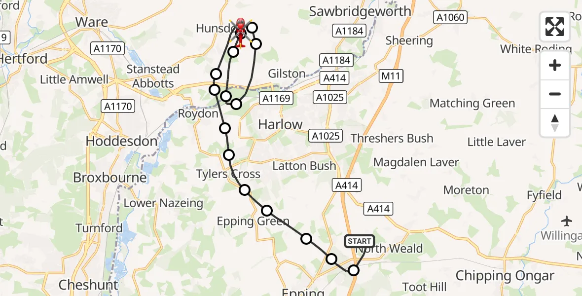 Flight route Air Ambulance Helicopter North Weald Airfield - Hunsdon Airfield, 16 October 2026, 18:37