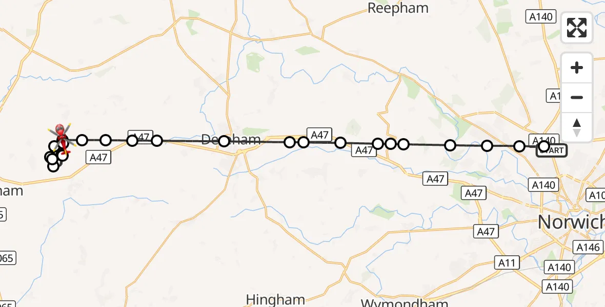 Flight route Air Ambulance Helicopter Norwich Airport - Breckland, 16 October 2026, 18:45