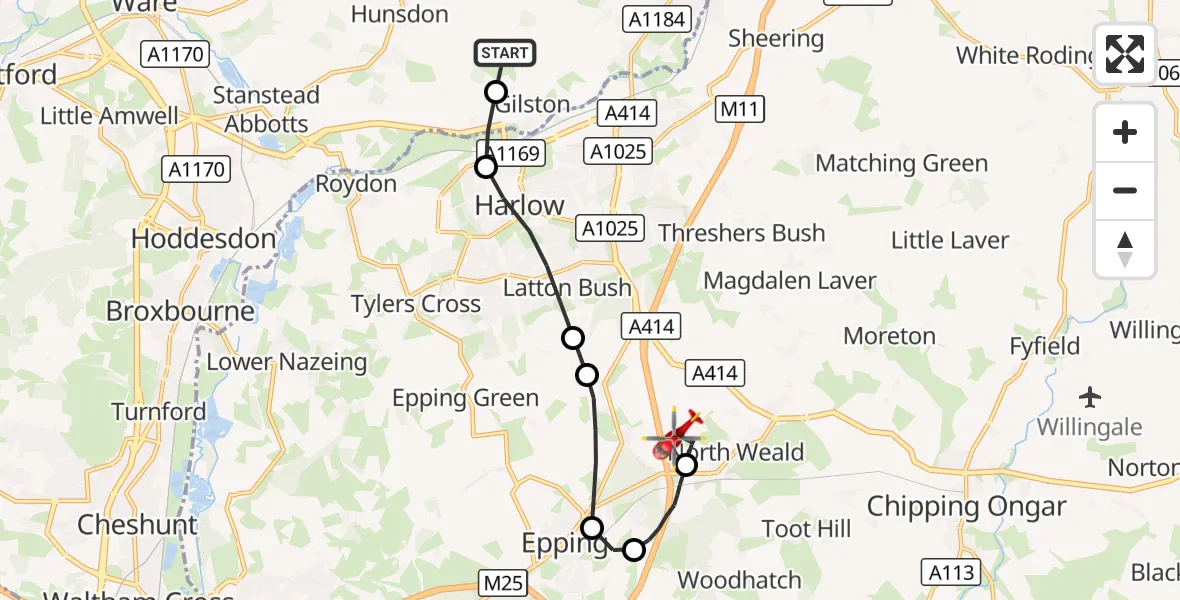Flight route Air Ambulance Helicopter Gilston - North Weald Airfield, 16 October 2026, 19:00