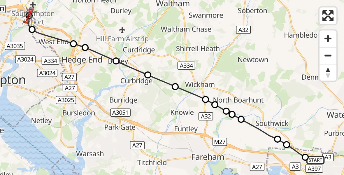 Flight route Air Ambulance Helicopter Queen Alexandra Hospital - Southampton Airport, 16 October 2026, 19:07