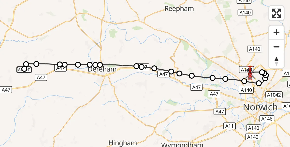 Flight route Air Ambulance Helicopter Little Dunham - Norwich Airport, 16 October 2026, 19:44