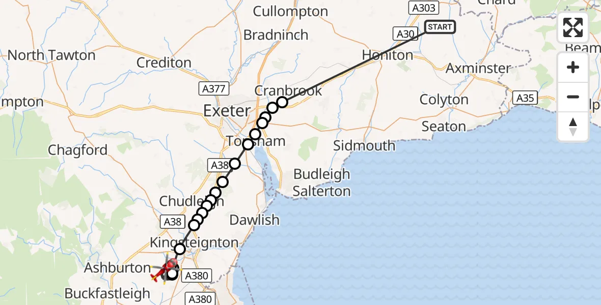Flight route Air Ambulance Helicopter Stockland - Denbury, 16 October 2026, 19:46