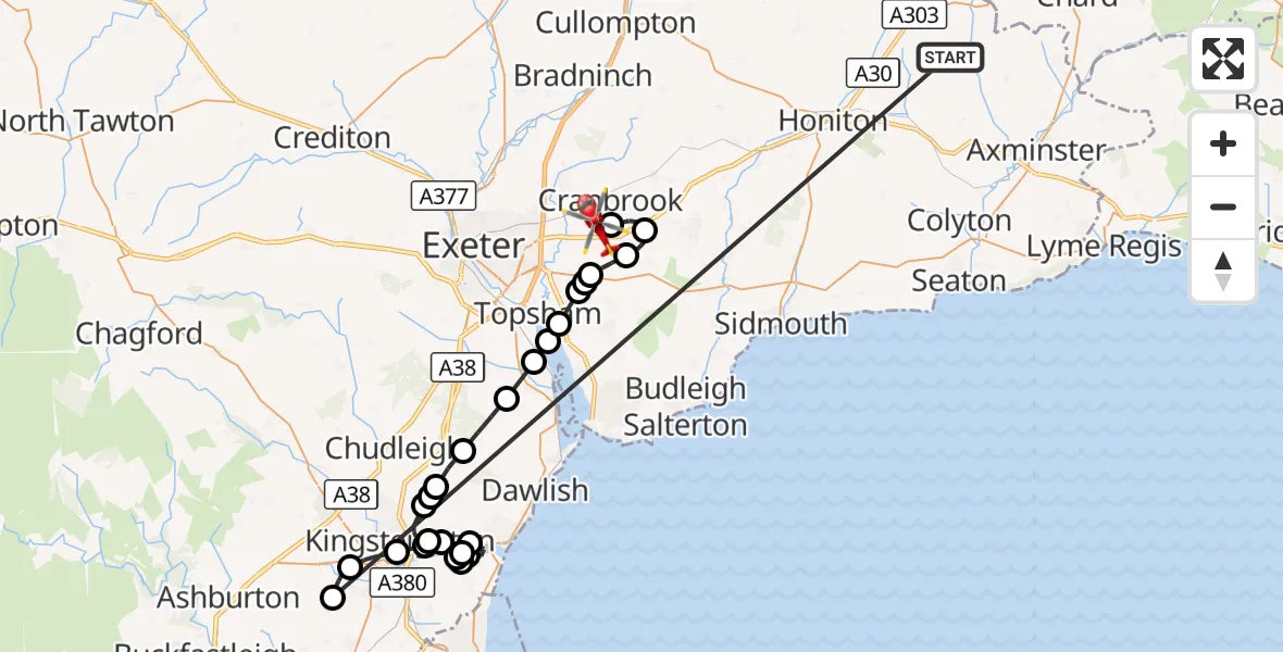 Flight route Air Ambulance Helicopter Stockland - Exeter International Airport, 16 October 2026, 20:07