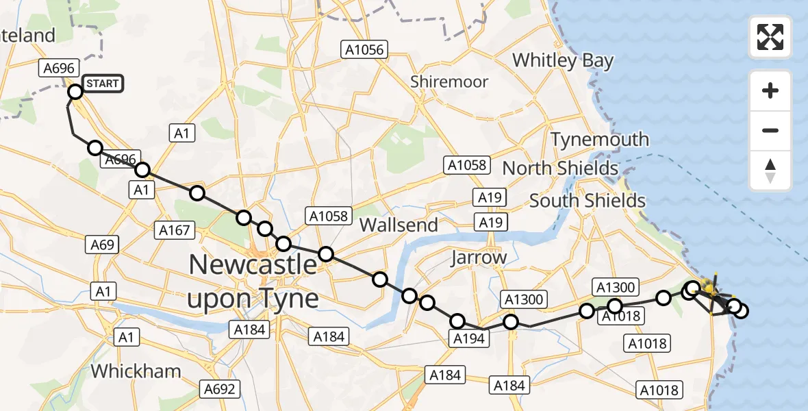 Flight route Police Helicopter Newcastle International Airport - South Tyneside, 16 October 2026, 20:41
