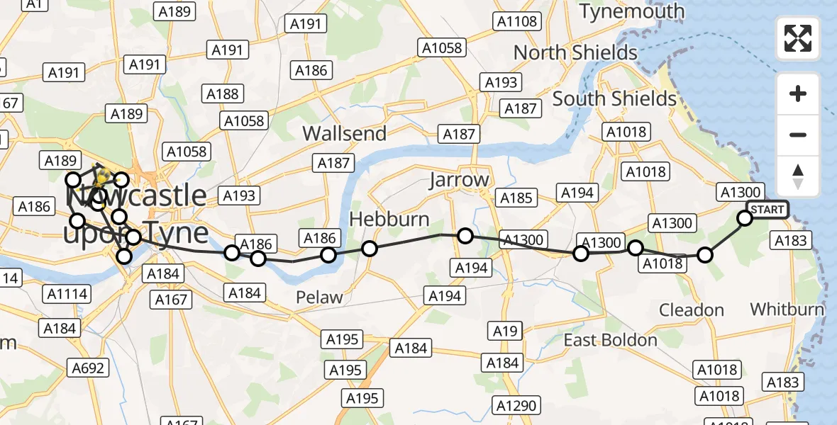 Flight route Police Helicopter South Tyneside - Spital Tongues, 16 October 2026, 20:55