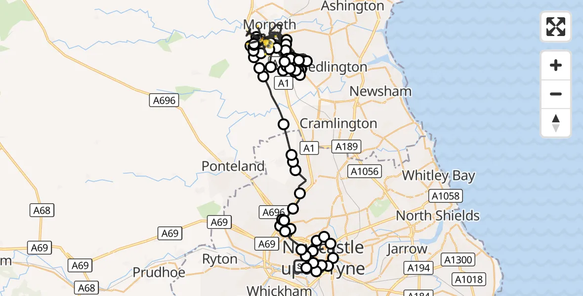 Flight route Police Helicopter Elswick - Morpeth, 16 October 2026, 21:03