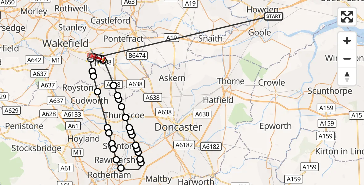 Flight route Air Ambulance Helicopter Balkholme - YAA Nostell Helicopter Port, 16 October 2026, 21:12
