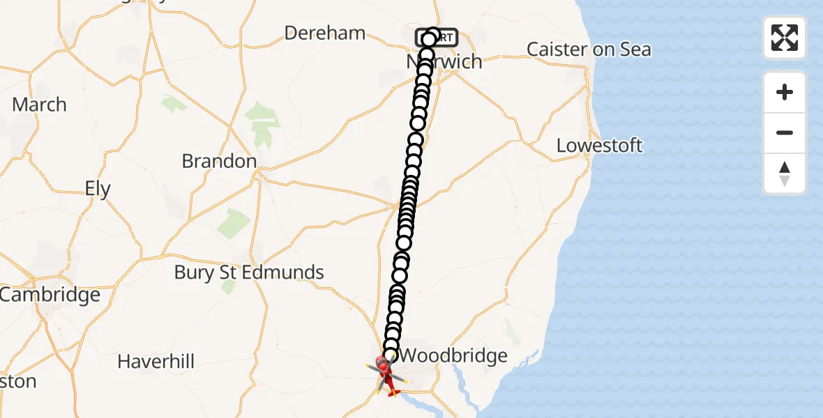 Flight route Air Ambulance Helicopter Norwich Airport - Ipswich, 16 October 2026, 22:01