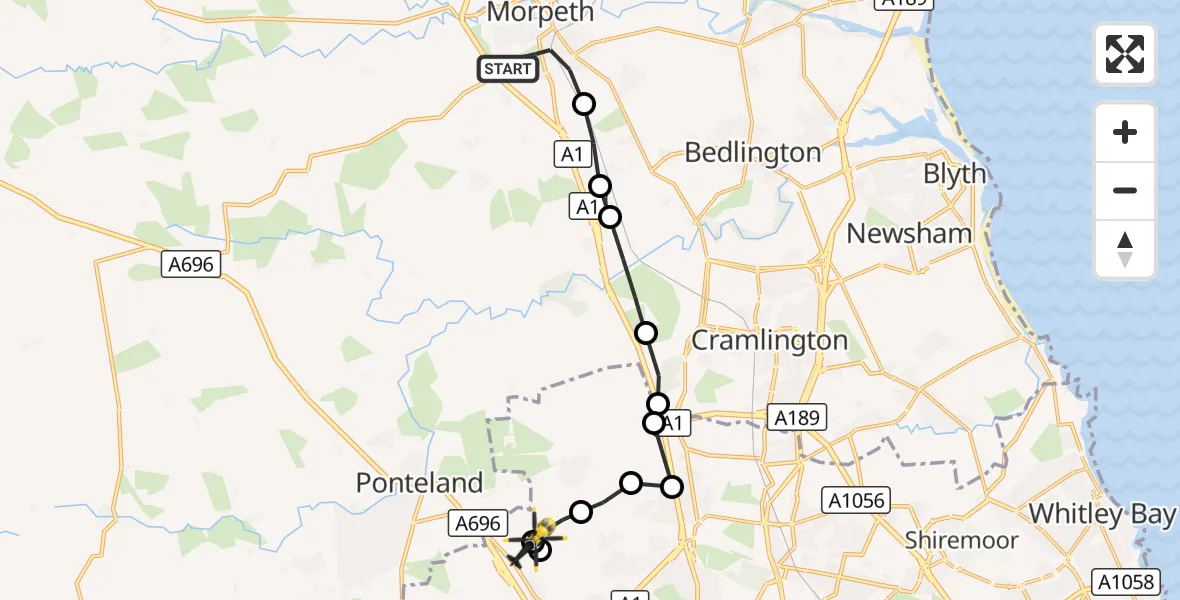 Flight route Police Helicopter Morpeth - Newcastle International Airport, 16 October 2026, 22:04