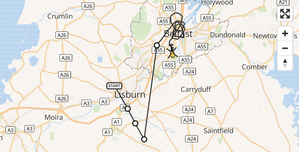 Flight route Police Helicopter Lisburn - Belfast City District, 16 October 2026, 22:17