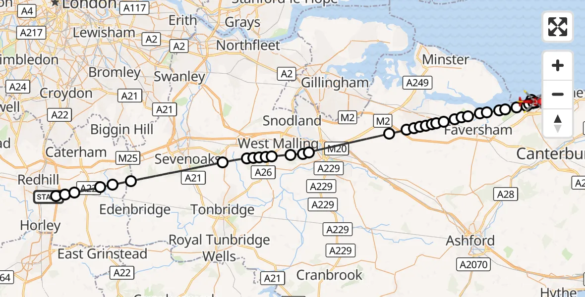 Flight route Air Ambulance Helicopter Redhill Aerodrome - Tankerton, 16 October 2026, 22:21