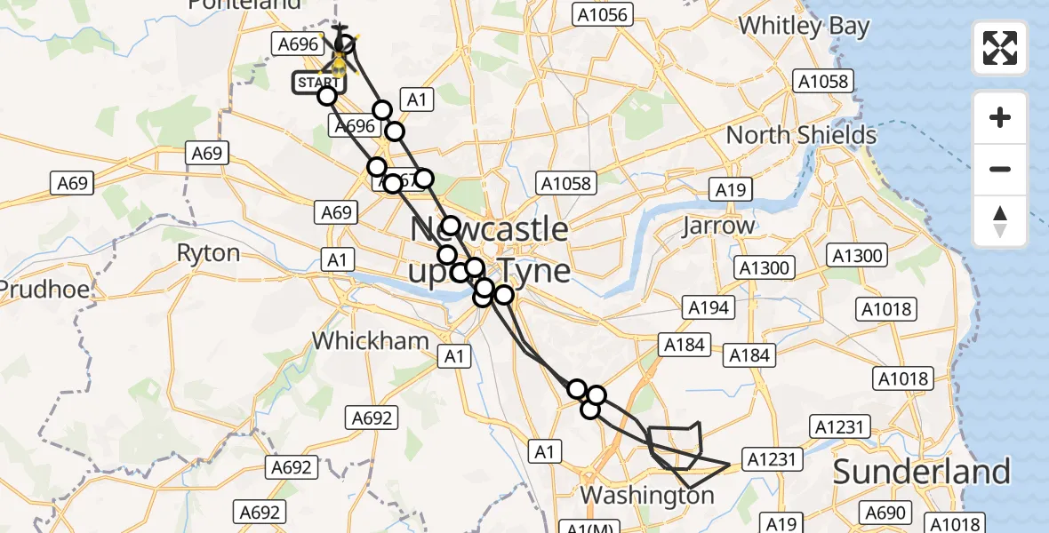 Flight route Police Helicopter Callerton - Newcastle International Airport, 16 October 2026, 22:42