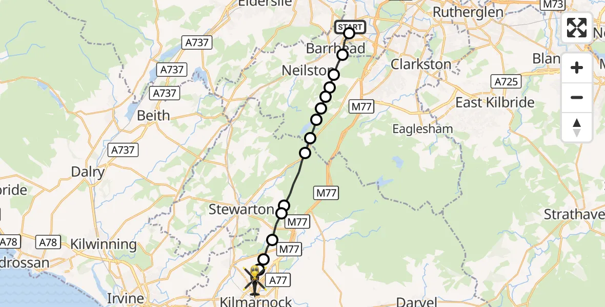 Flight route Police Helicopter Barrhead - Kilmarnock, 16 October 2026, 22:53