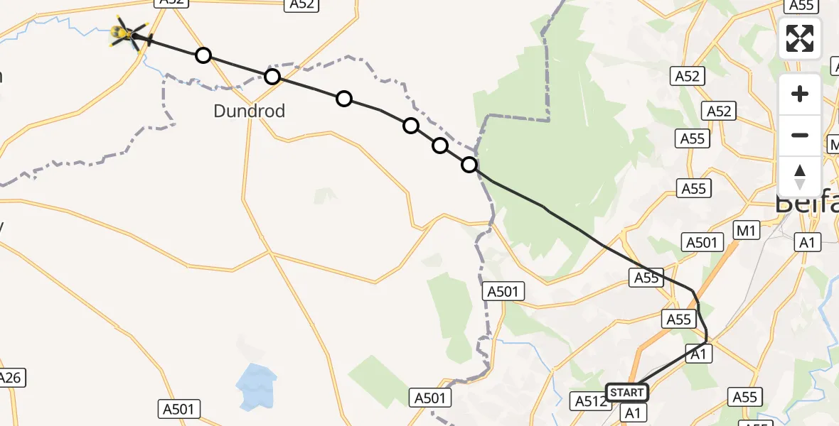 Flight route Police Helicopter Belfast City District - RAF Nutts Corner / Belfast-Nutts Corner Airport, 16 October 2026, 22:57