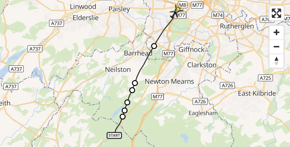 Flight route Police Helicopter Kingsford - Glasgow, 16 October 2026, 23:20