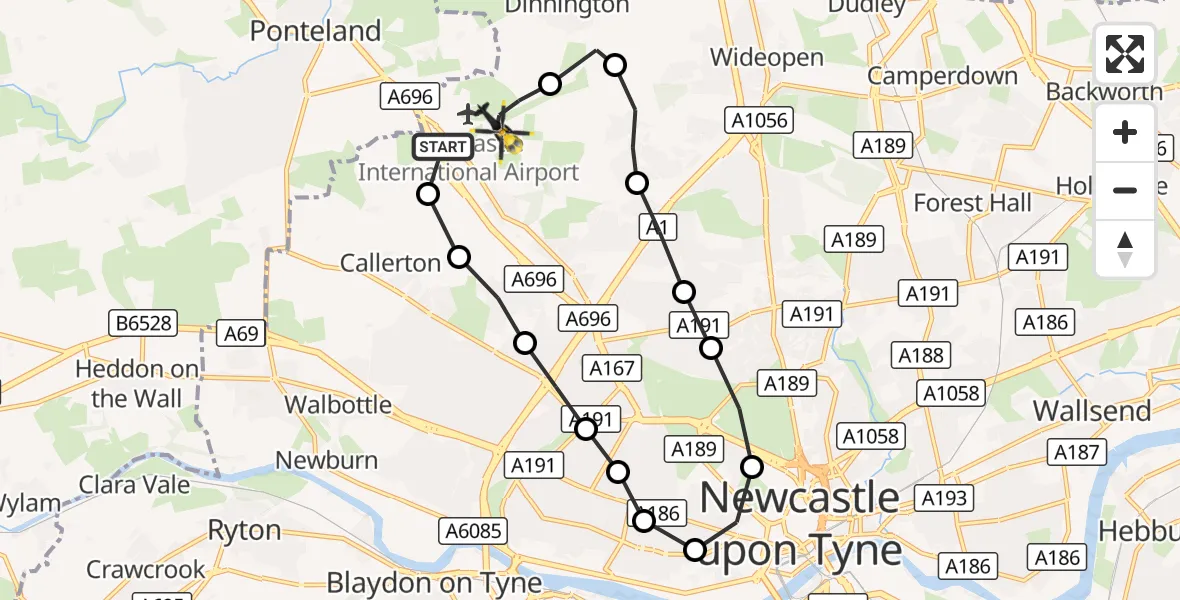 Flight route Police Helicopter Newcastle International Airport - Newcastle International Airport, 16 October 2026, 23:21