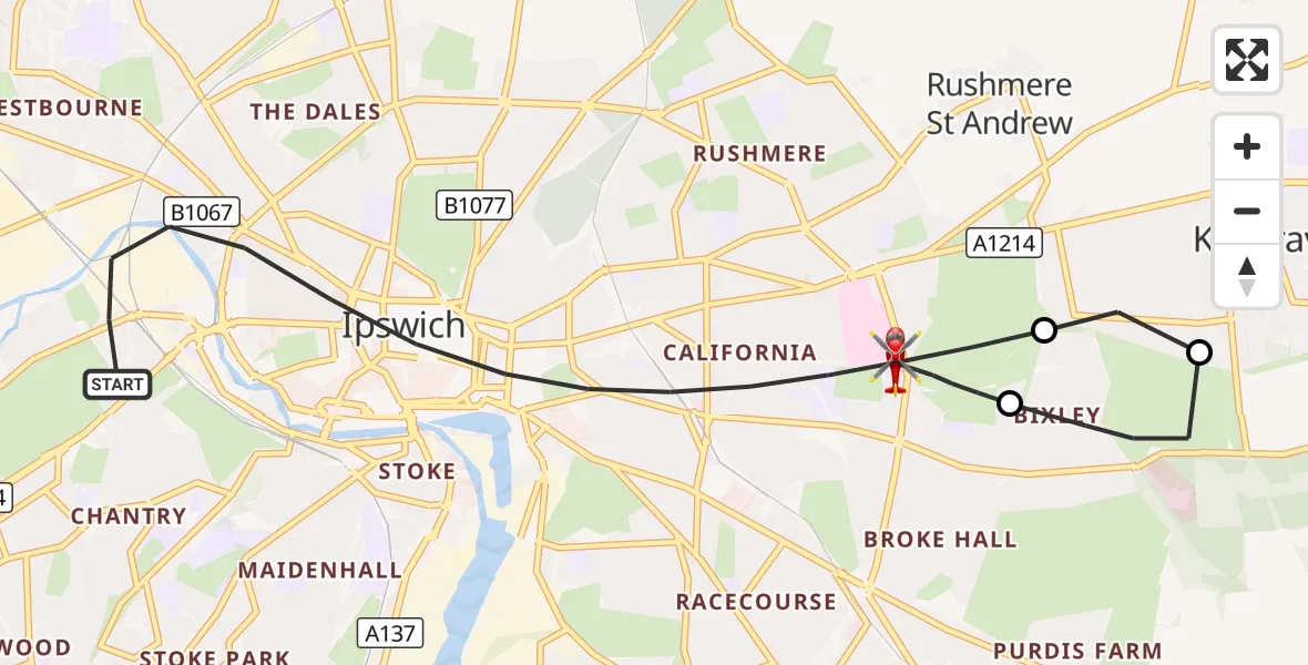 Flight route Air Ambulance Helicopter Ipswich - Ipswich, 16 October 2026, 23:23
