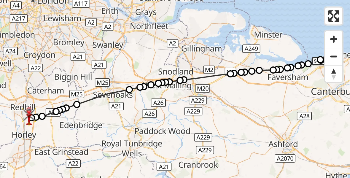 Flight route Air Ambulance Helicopter Seasalter - Redhill Aerodrome, 16 October 2026, 23:29