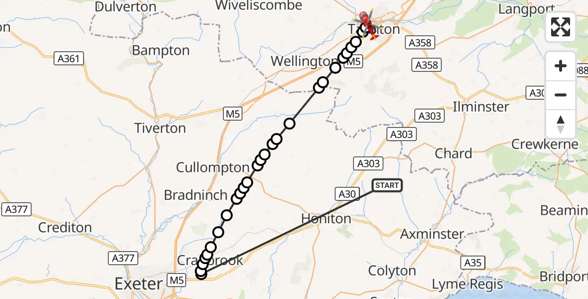 Flight route Air Ambulance Helicopter Stockland - Taunton, 16 October 2026, 23:38