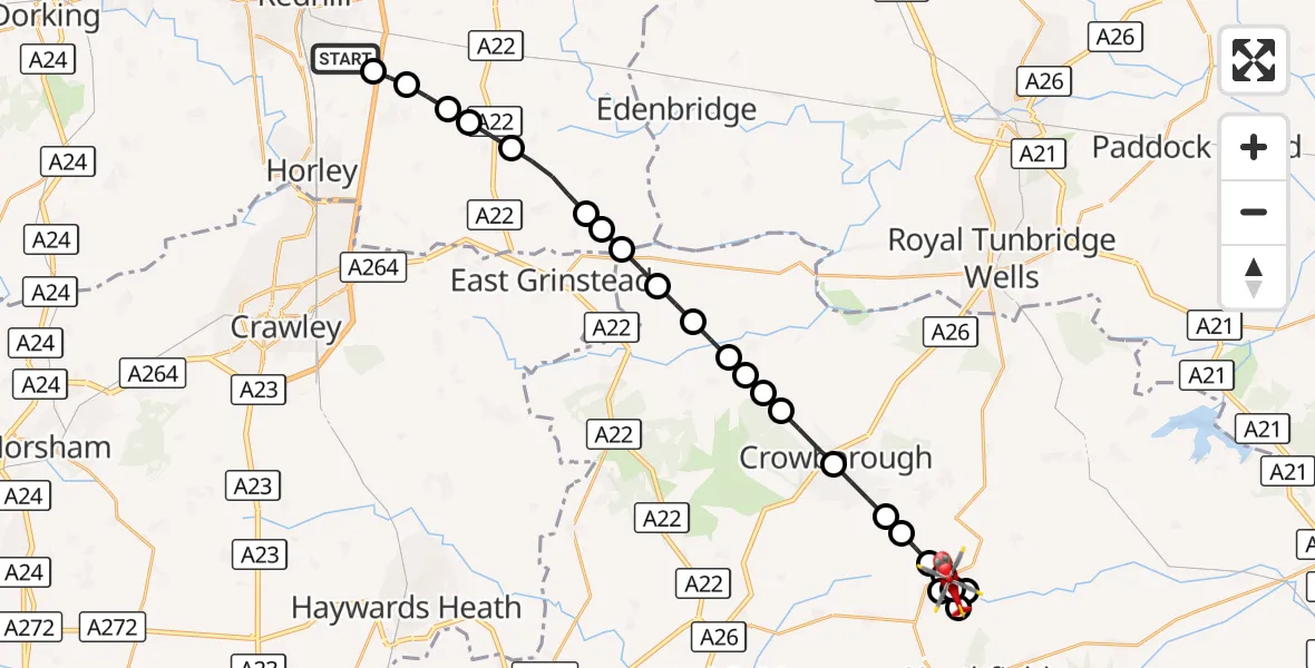 Flight route Air Ambulance Helicopter Redhill Aerodrome - Wellbrook, 17 October 2026, 00:06